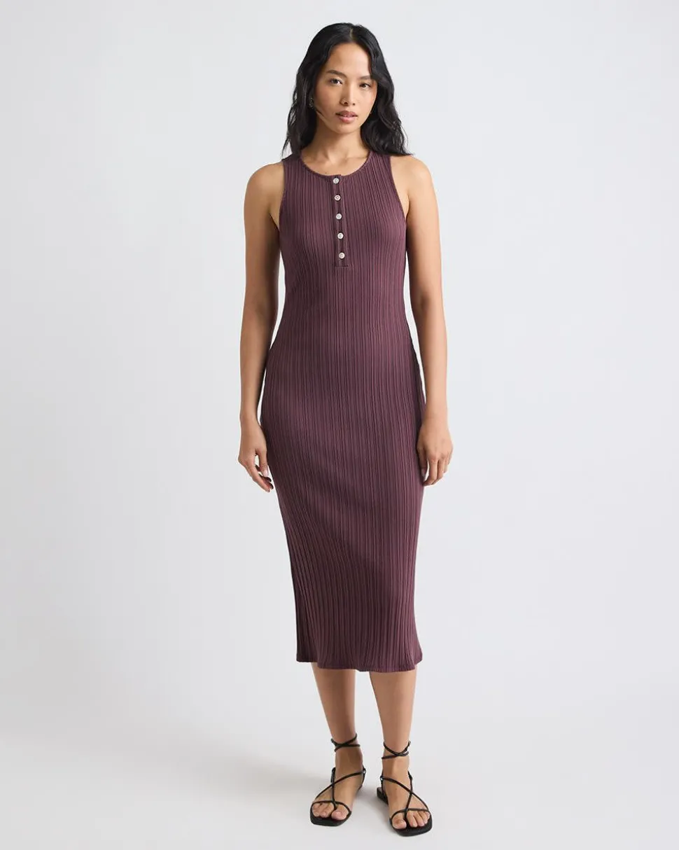 Sleeveless Crew-Neck Ribbed Midi Dress with Buttoned Placket