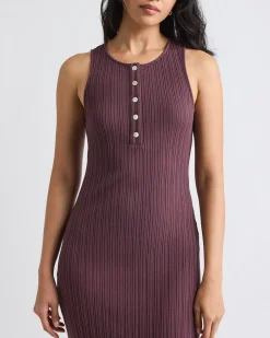 Sleeveless Crew-Neck Ribbed Midi Dress with Buttoned Placket
