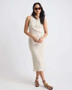 Sleeveless Crew-Neck Ribbed Midi Dress with Buttoned Placket
