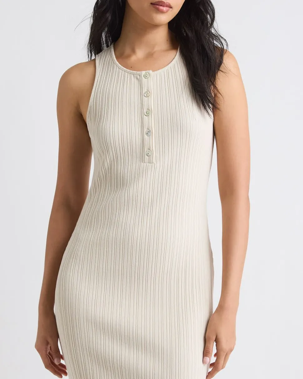 Sleeveless Crew-Neck Ribbed Midi Dress with Buttoned Placket