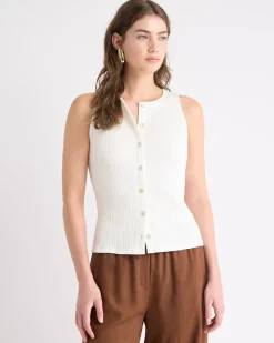 Sleeveless Crew-Neck Ribbed Buttoned-Down Top