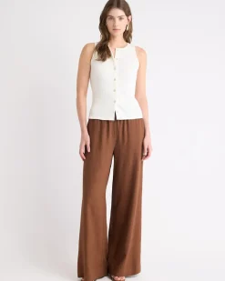 Sleeveless Crew-Neck Ribbed Buttoned-Down Top
