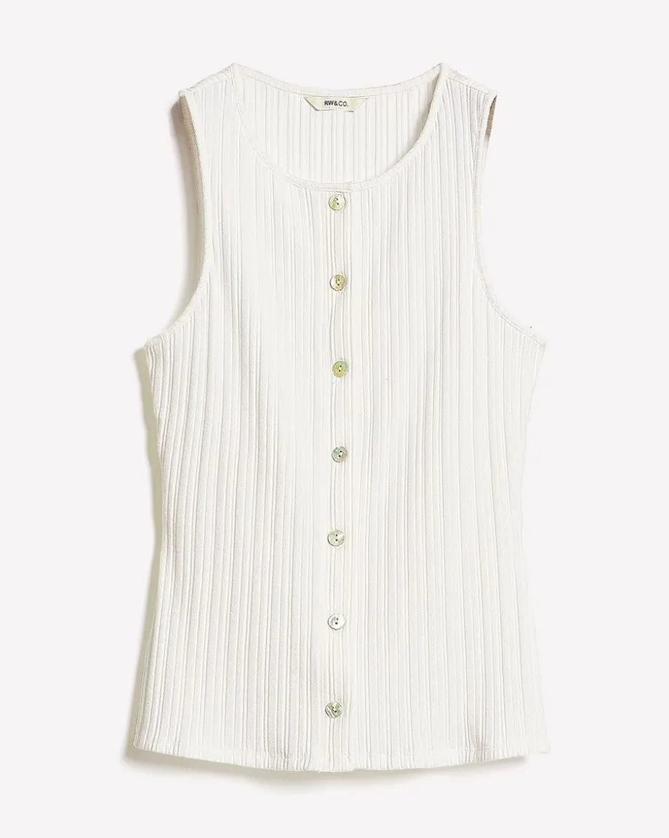 Sleeveless Crew-Neck Ribbed Buttoned-Down Top