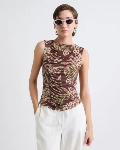 Sleeveless Crew-Neck Top with Shirred Seam