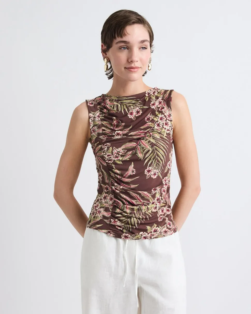 Sleeveless Crew-Neck Top with Shirred Seam