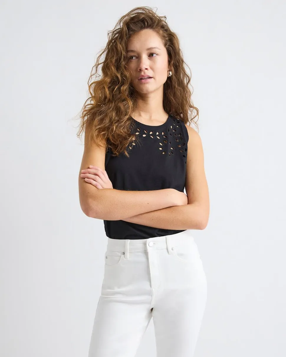 Sleeveless Crew-Neck Top with Eyelet Details