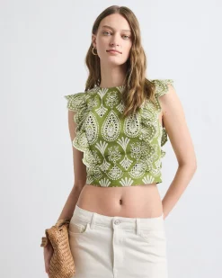Sleeveless Embroidered Blouse with Ruffles