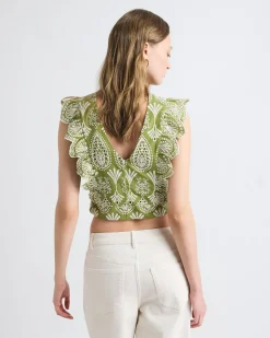 Sleeveless Embroidered Blouse with Ruffles
