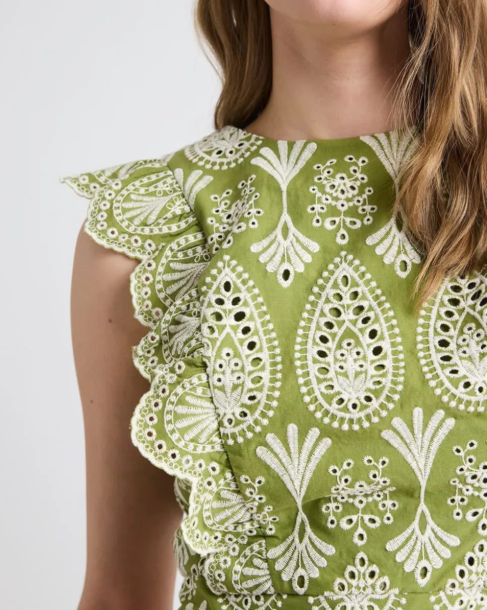 Sleeveless Embroidered Blouse with Ruffles