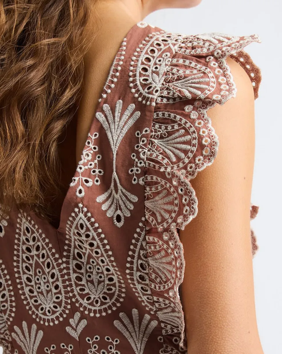 Sleeveless Embroidered Blouse with Ruffles