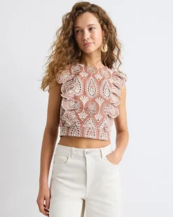 Sleeveless Embroidered Blouse with Ruffles