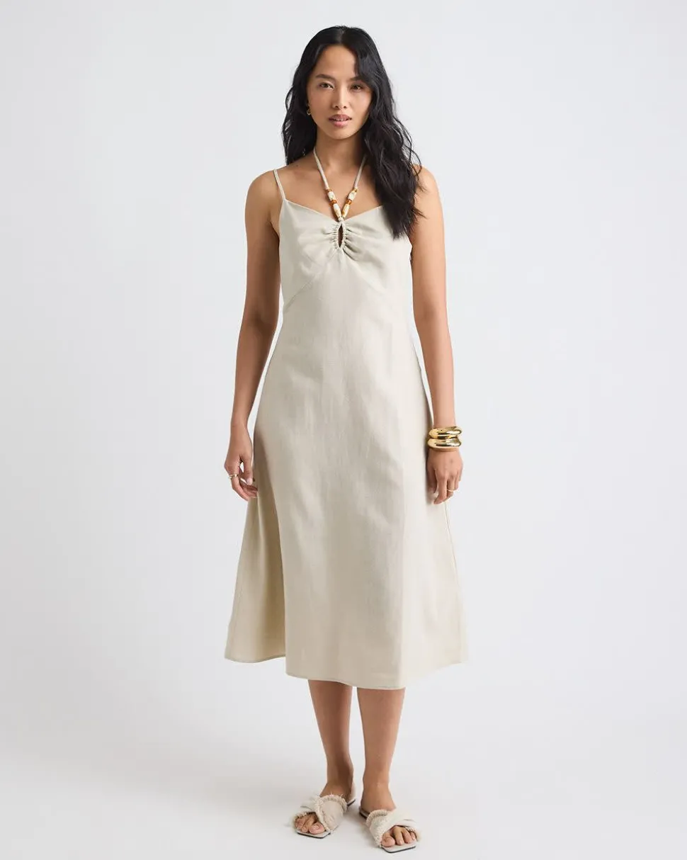 Sleeveless Halter-Neck Linen-Blend Midi Dress