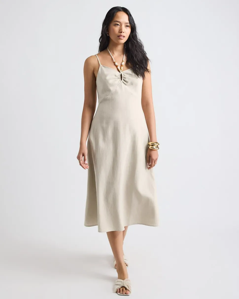 Sleeveless Halter-Neck Linen-Blend Midi Dress