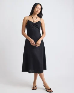 Sleeveless Halter-Neck Linen-Blend Midi Dress