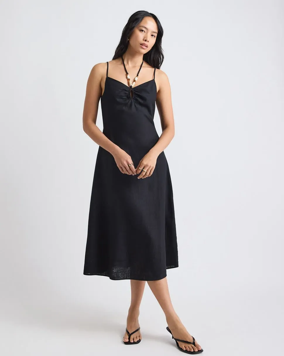 Sleeveless Halter-Neck Linen-Blend Midi Dress