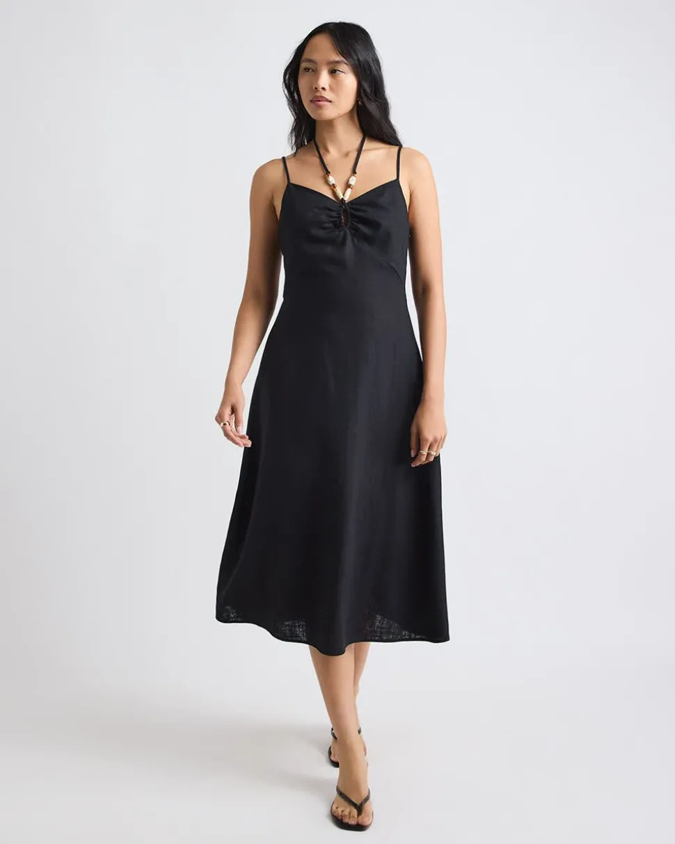 Sleeveless Halter-Neck Linen-Blend Midi Dress