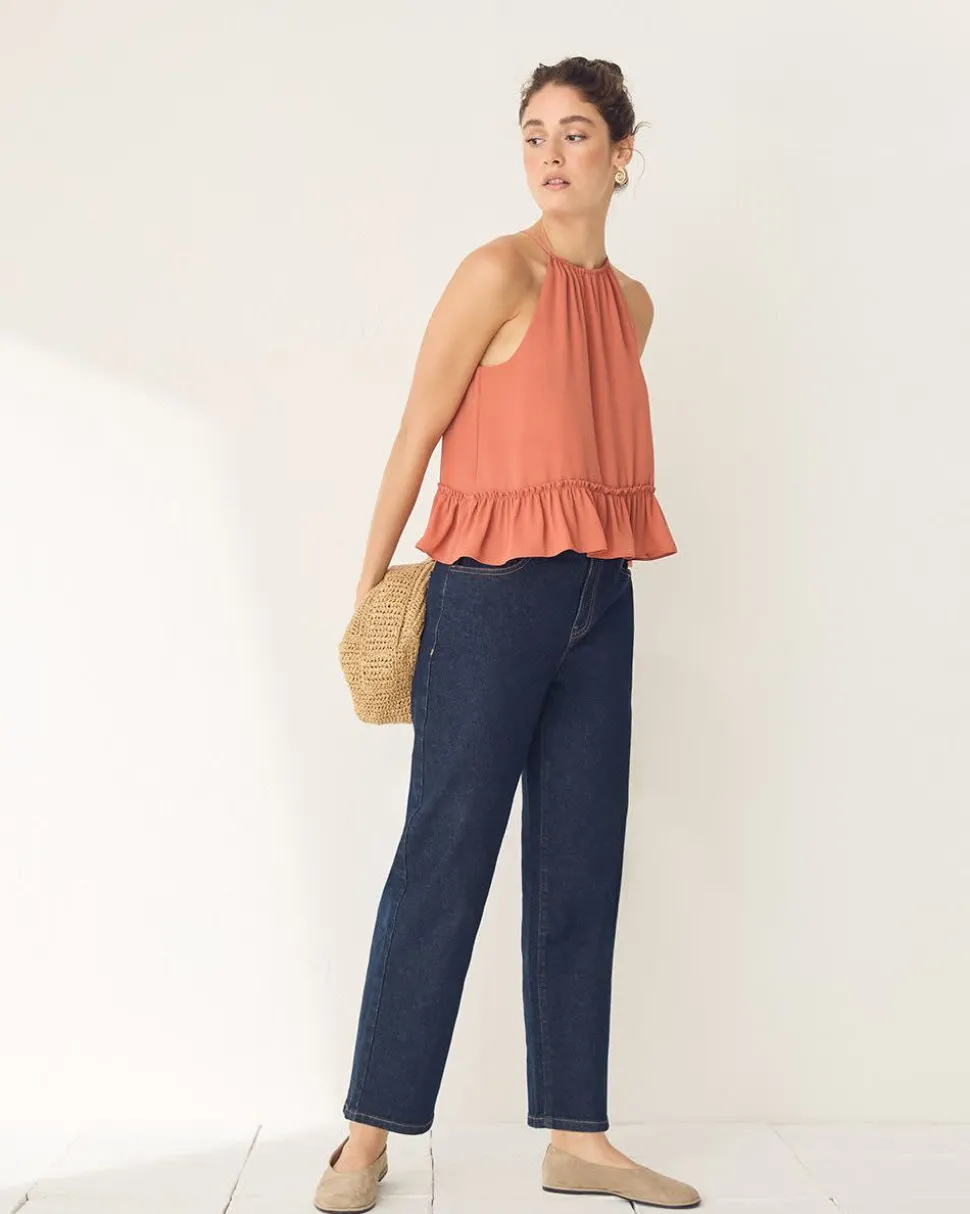Sleeveless Halter-Neck Top with Ruffled Hem