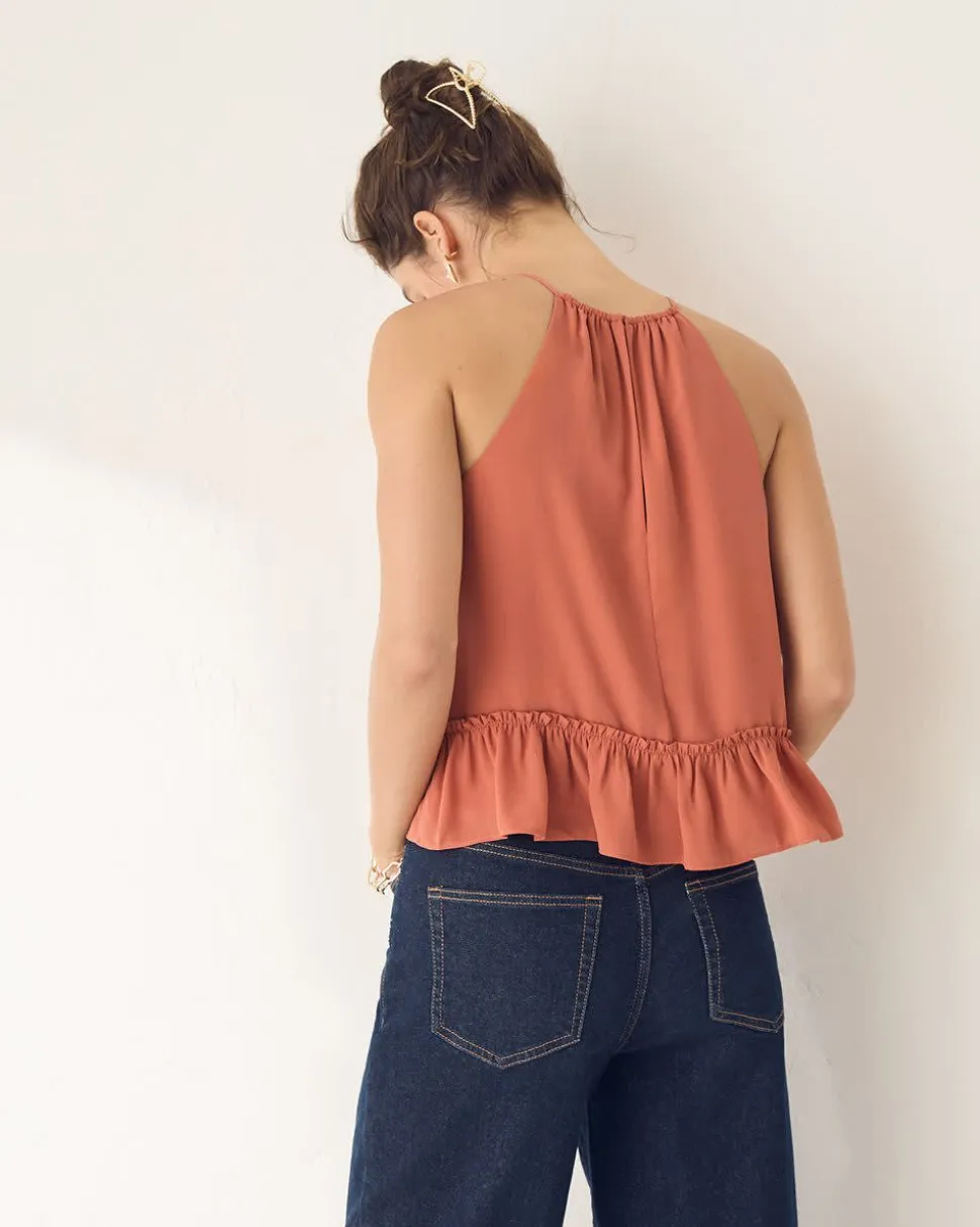 Sleeveless Halter-Neck Top with Ruffled Hem