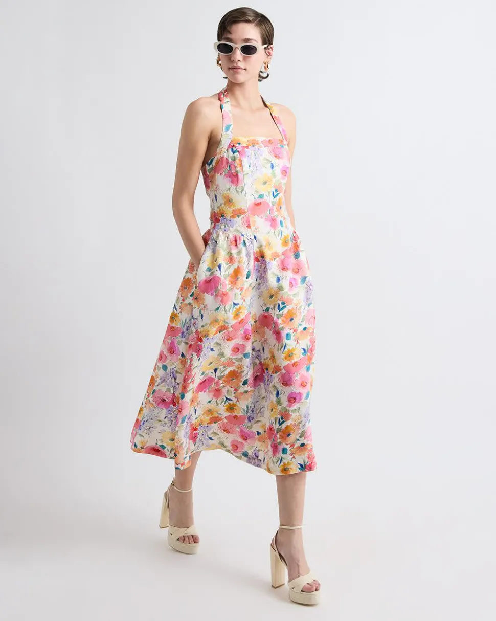 Sleeveless Midi Cocktail Dress with Halter Neckline