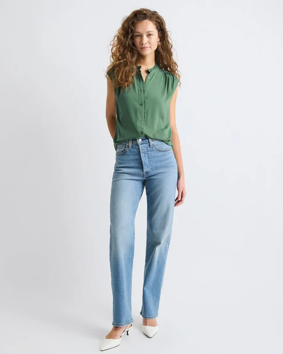 Sleeveless Mock-Neck Buttoned-Down Blouse with Ruffled Trim