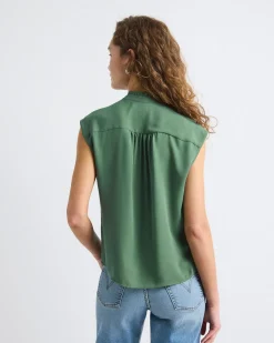 Sleeveless Mock-Neck Buttoned-Down Blouse with Ruffled Trim