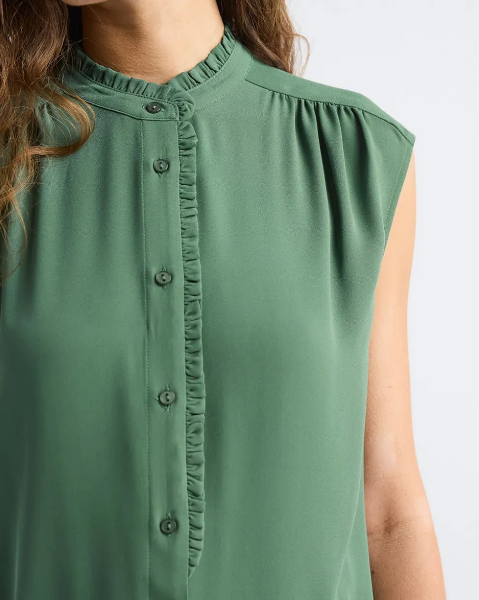 Sleeveless Mock-Neck Buttoned-Down Blouse with Ruffled Trim