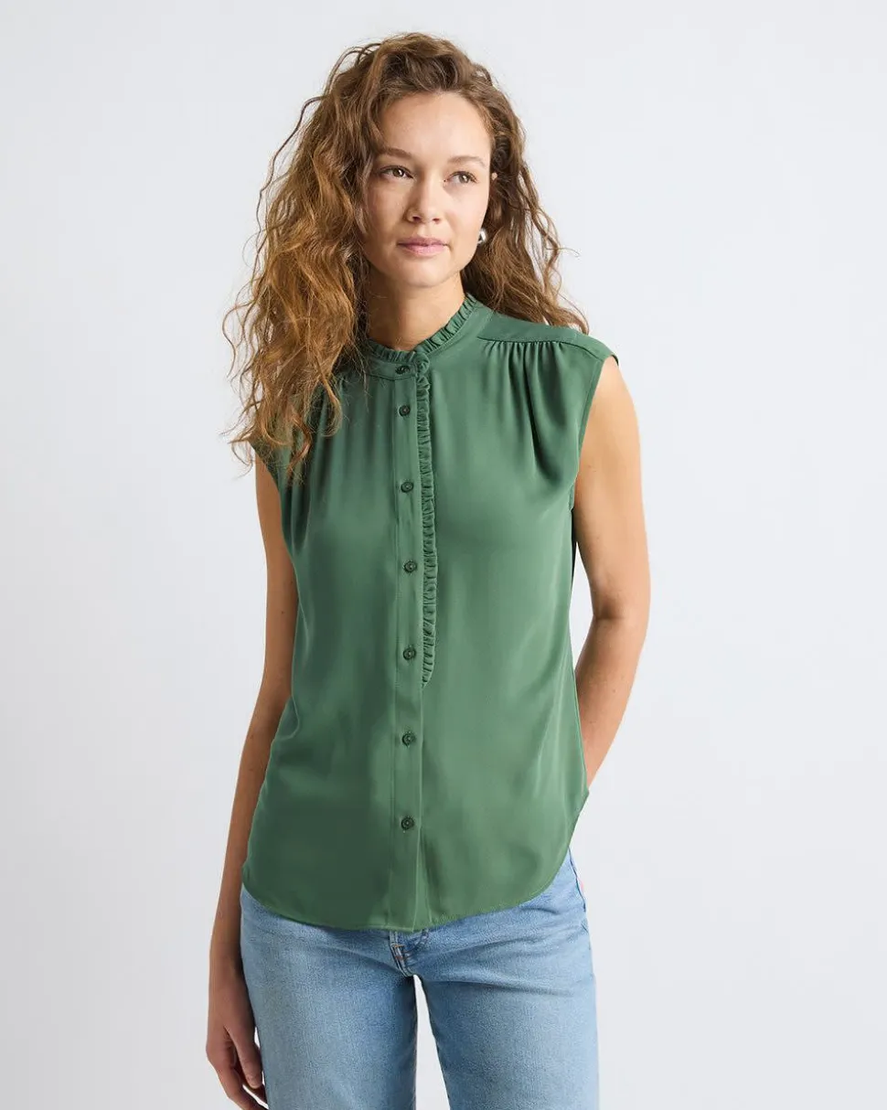 Sleeveless Mock-Neck Buttoned-Down Blouse with Ruffled Trim