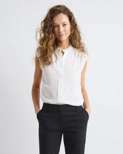 Sleeveless Mock-Neck Buttoned-Down Blouse with Ruffled Trim