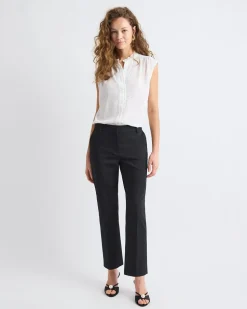 Sleeveless Mock-Neck Buttoned-Down Blouse with Ruffled Trim