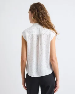 Sleeveless Mock-Neck Buttoned-Down Blouse with Ruffled Trim