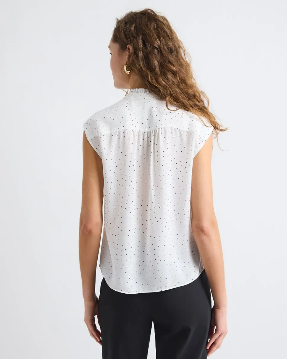 Sleeveless Mock-Neck Buttoned-Down Blouse with Ruffled Trim