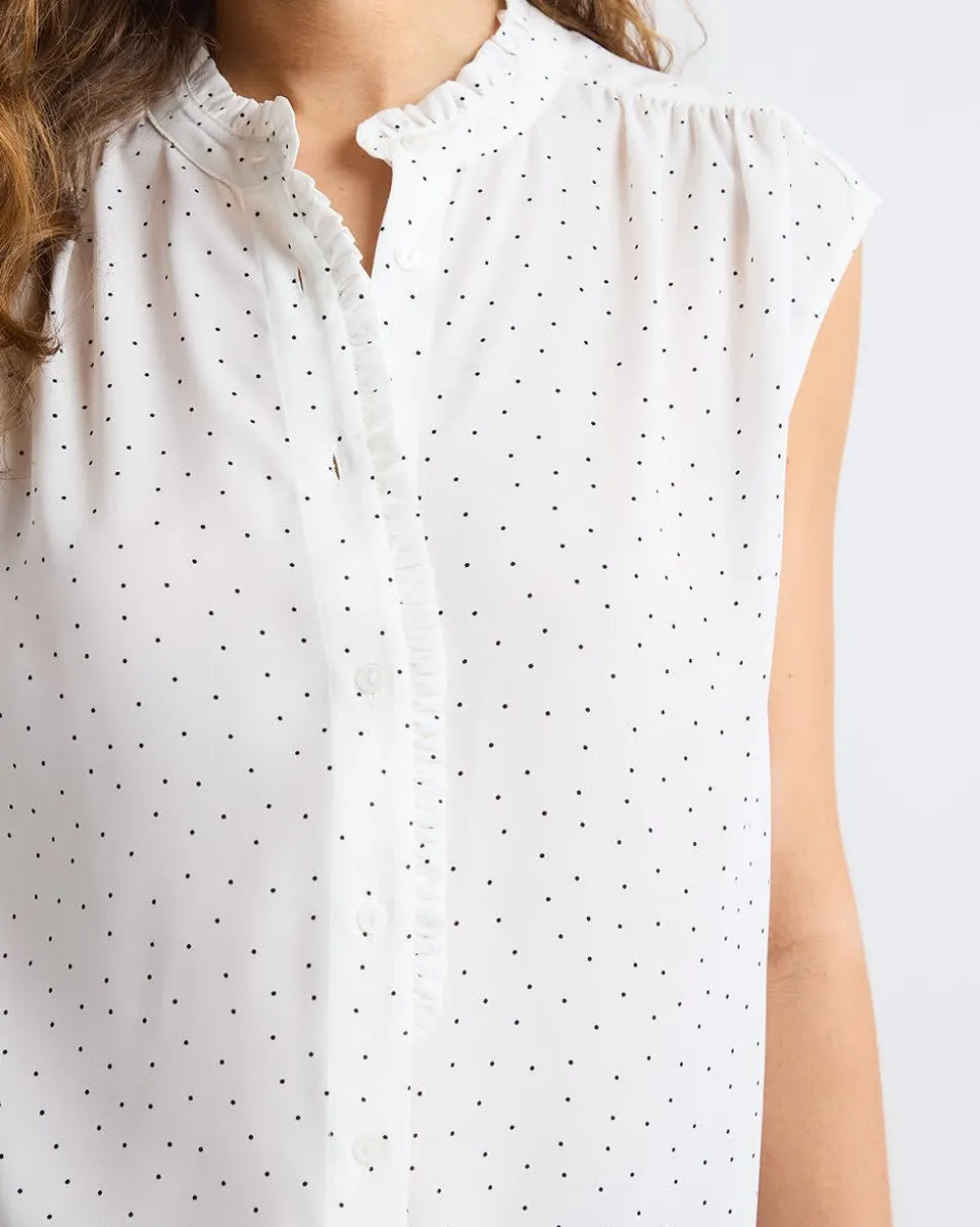 Sleeveless Mock-Neck Buttoned-Down Blouse with Ruffled Trim