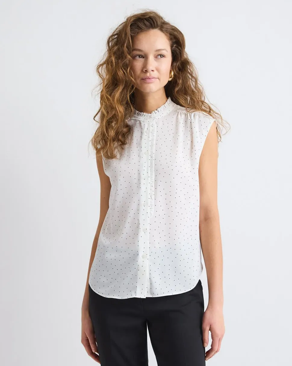Sleeveless Mock-Neck Buttoned-Down Blouse with Ruffled Trim