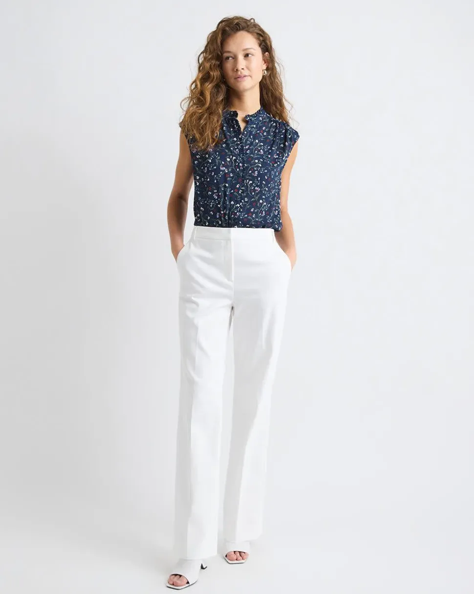 Sleeveless Mock-Neck Buttoned-Down Blouse with Ruffled Trim
