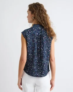 Sleeveless Mock-Neck Buttoned-Down Blouse with Ruffled Trim