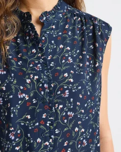 Sleeveless Mock-Neck Buttoned-Down Blouse with Ruffled Trim