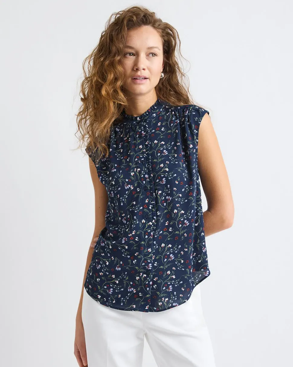 Sleeveless Mock-Neck Buttoned-Down Blouse with Ruffled Trim