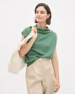 Sleeveless Mock-Neck Sweater with Buttons at Shoulder