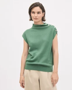 Sleeveless Mock-Neck Sweater with Buttons at Shoulder