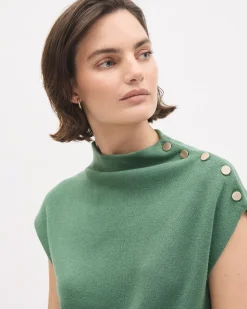 Sleeveless Mock-Neck Sweater with Buttons at Shoulder