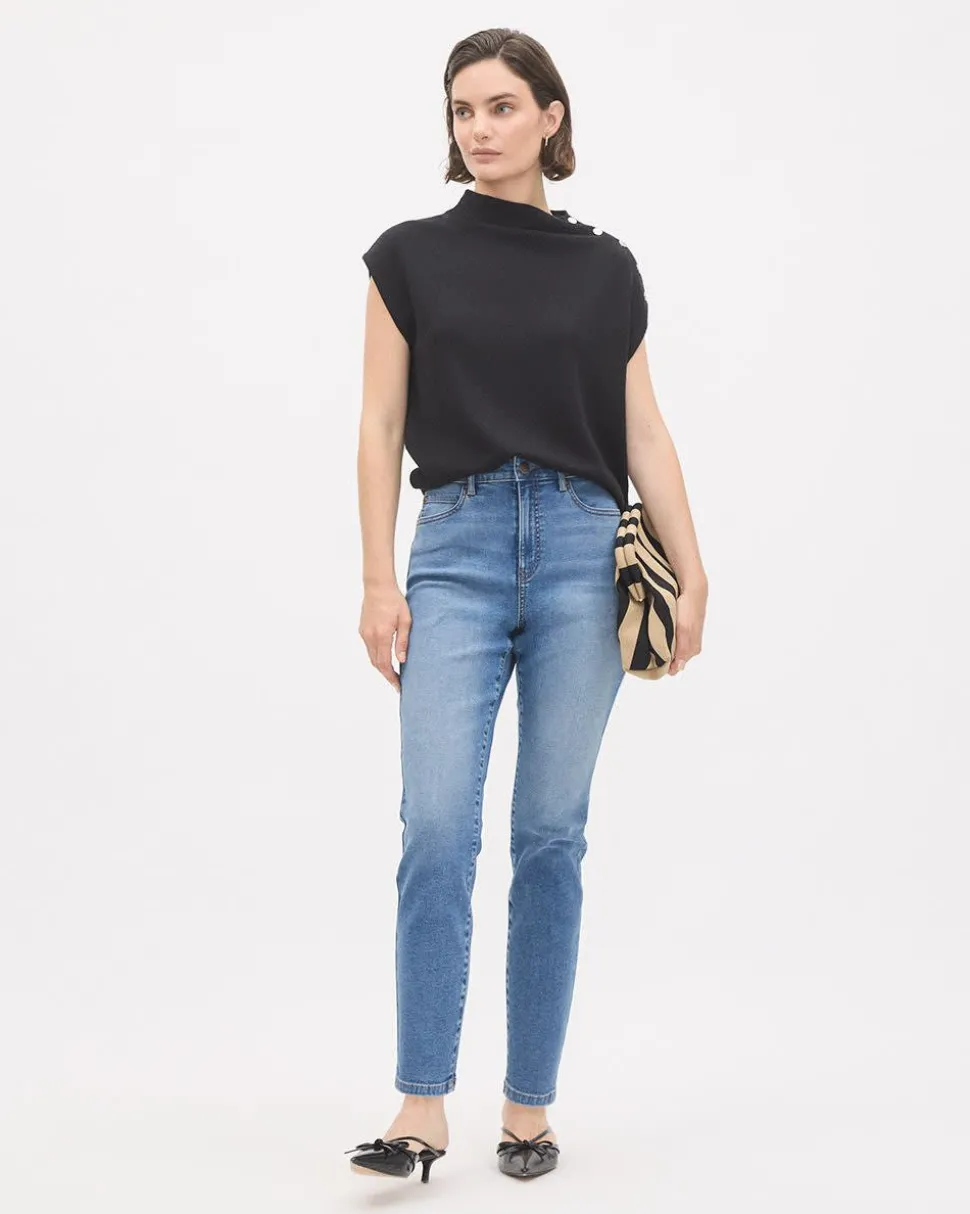 Sleeveless Mock-Neck Sweater with Buttons at Shoulder