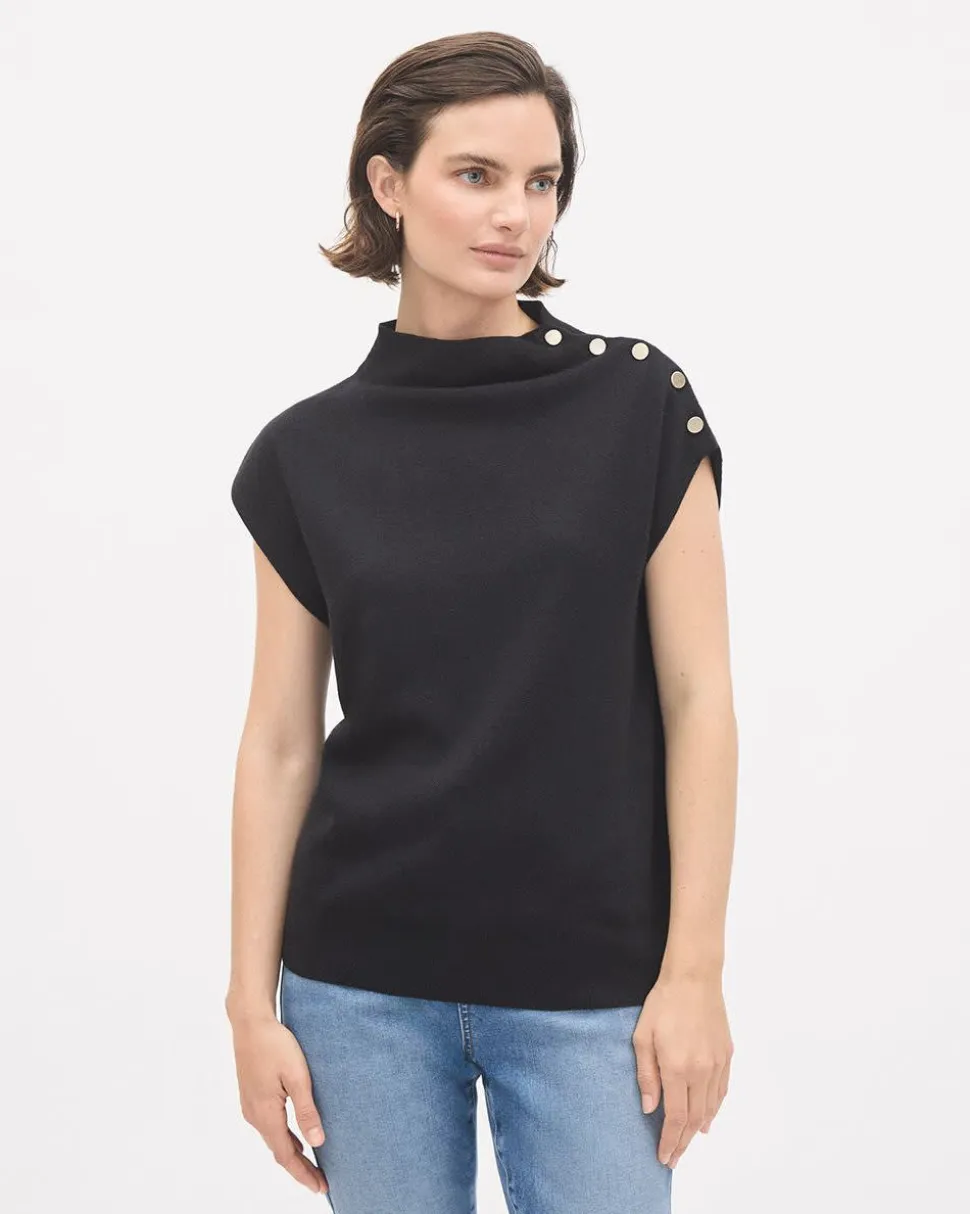Sleeveless Mock-Neck Sweater with Buttons at Shoulder