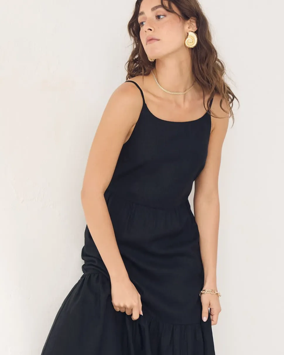 Sleeveless Square-Neck Linen-Blend Straight Maxi Dress
