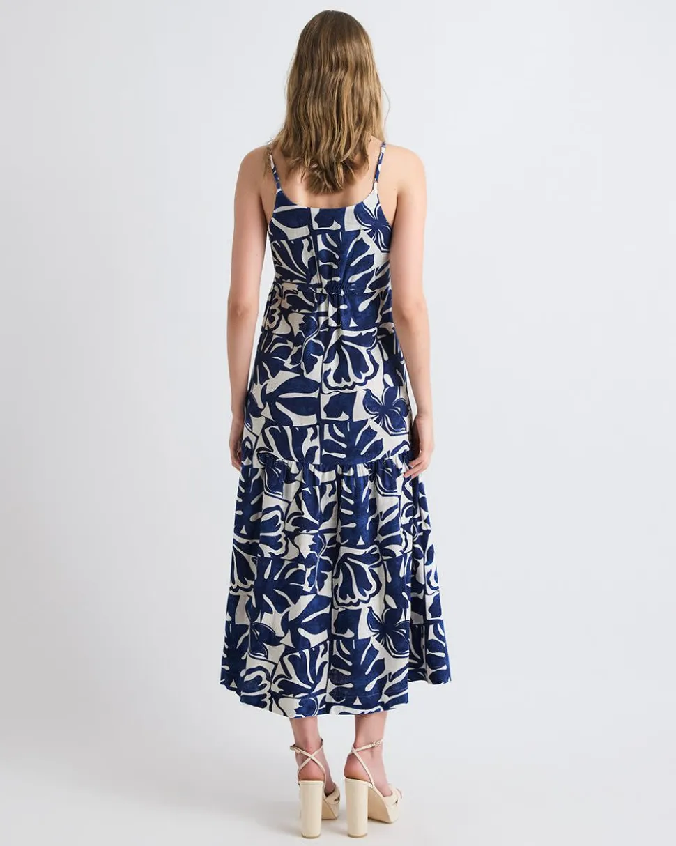 Sleeveless Square-Neck Linen-Blend Straight Maxi Dress