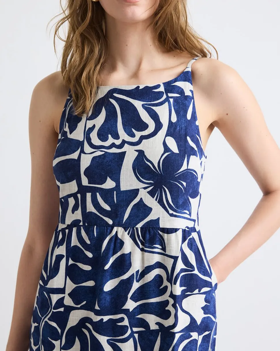 Sleeveless Square-Neck Linen-Blend Straight Maxi Dress