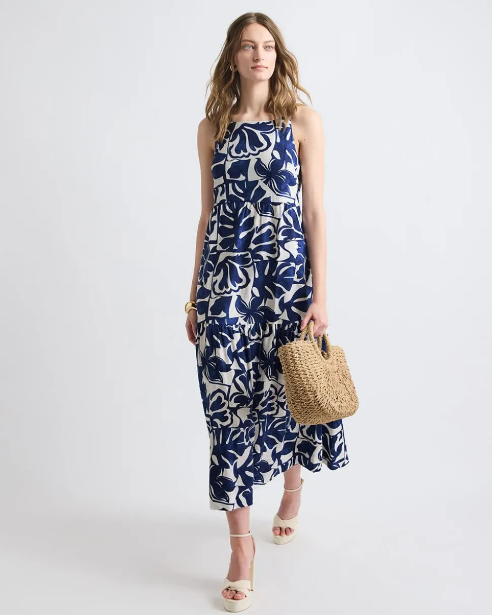 Sleeveless Square-Neck Linen-Blend Straight Maxi Dress