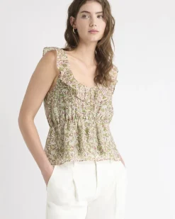 Sleeveless U-Neck Empire-Cut Blouse with Ruffles