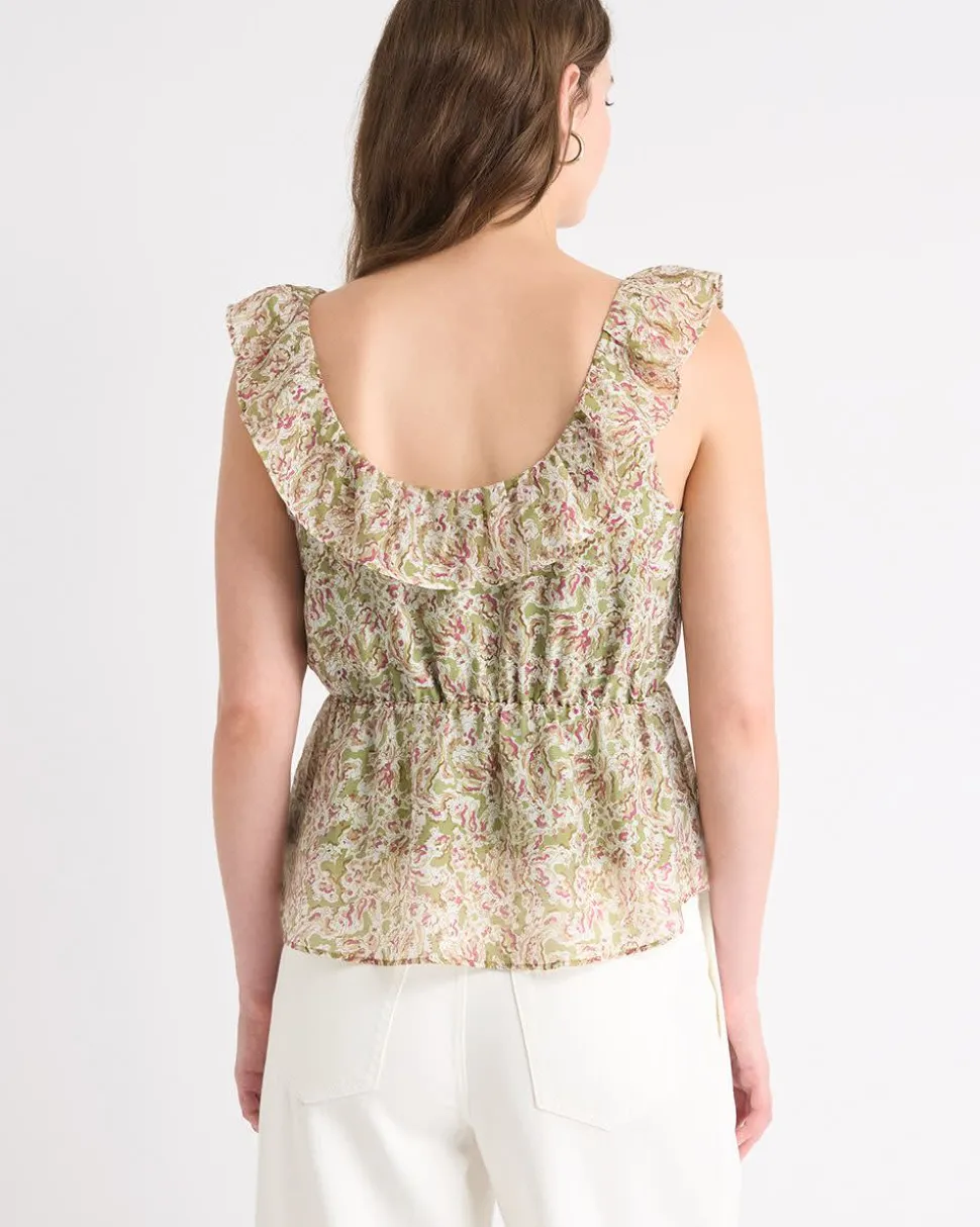 Sleeveless U-Neck Empire-Cut Blouse with Ruffles