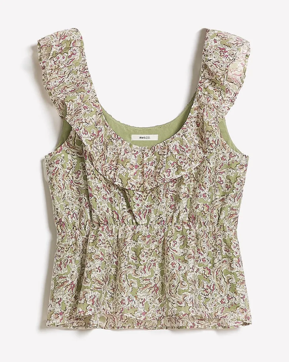 Sleeveless U-Neck Empire-Cut Blouse with Ruffles
