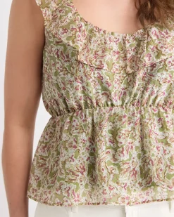 Sleeveless U-Neck Empire-Cut Blouse with Ruffles